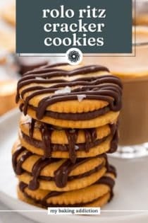 Stack of rolo ritz cracker cookies next to an iced coffee on a white plate. Text overlay includes recipe name.