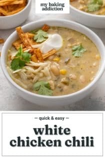 White bowl filled with white chicken chili, garnished with sour cream, cheese, and tortilla strips. Text overlay includes recipe name.