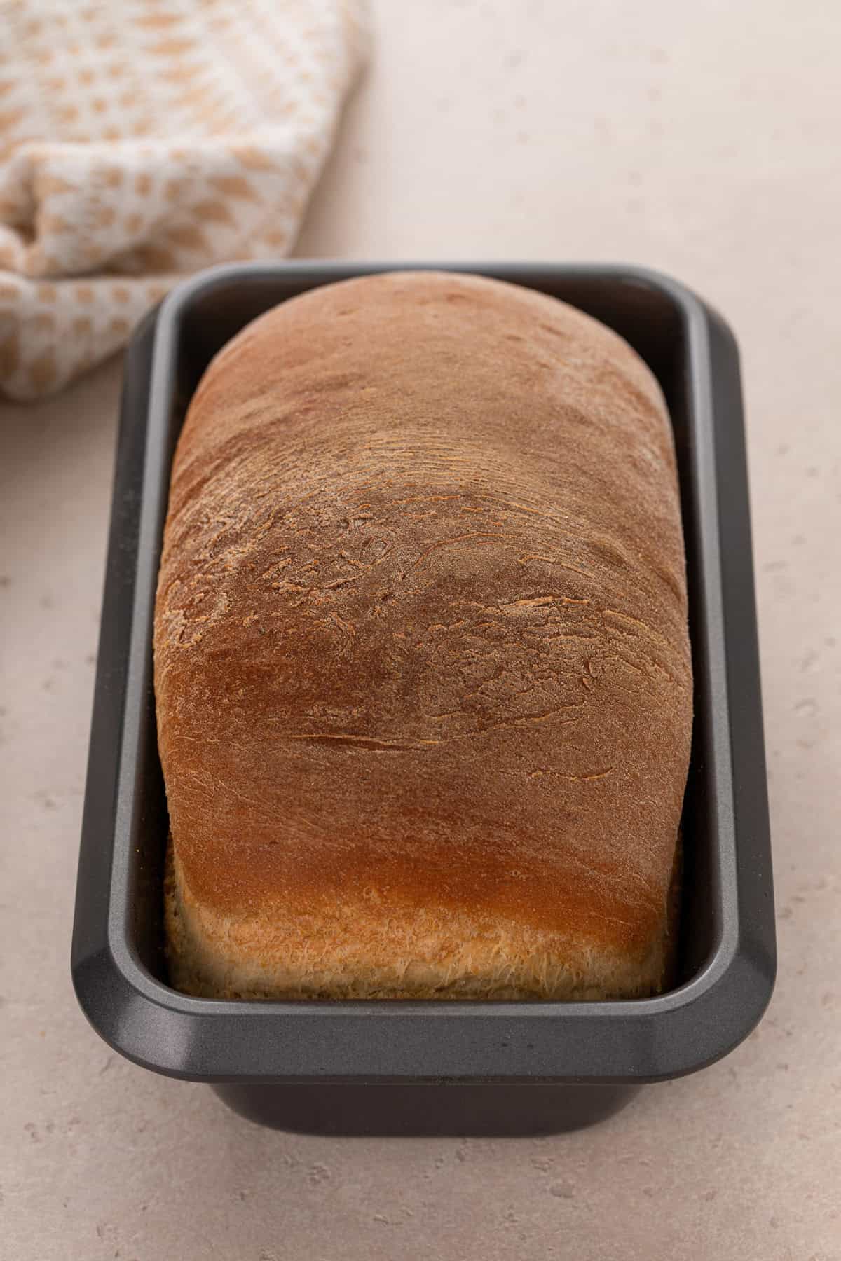 Baked loaf of potato bread in a loaf pan.
