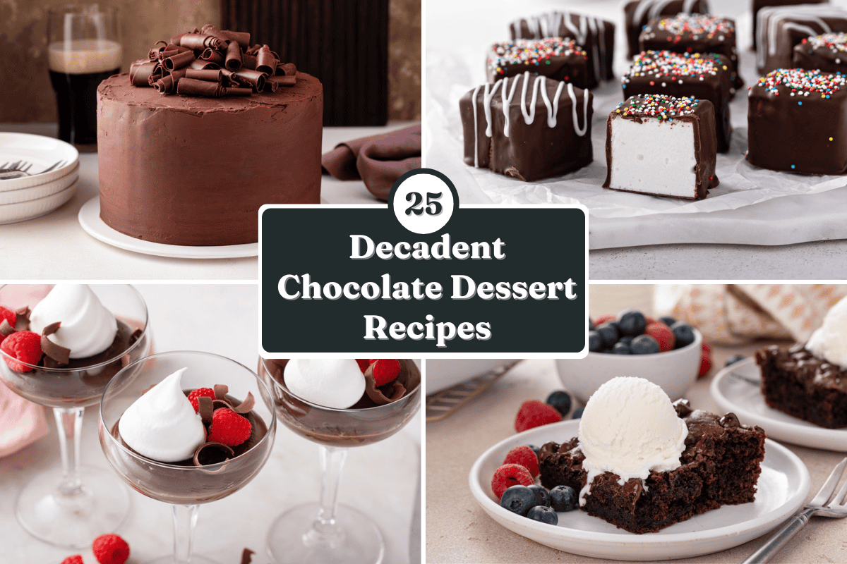 Square collage of four chocolate desserts with the text "25 decadent chocolate dessert recipes" overlaid.