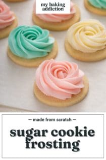 Sugar cookie frosting piped into rosettes in three different colors on round sugar cookies. Text overlay includes recipe name.