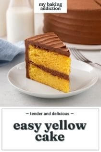 Slice of yellow layer cake with chocolate frosting on a white plate. text overlay includes recipe name.
