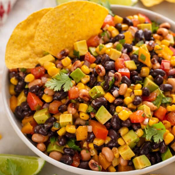 Large white bowl filled with cowboy caviar.