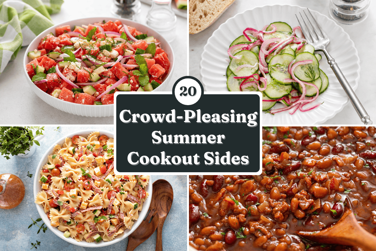 Landscape collage of four cookout sides recipes: watermelon salad, cucumber salad, baked beans, and pasta salad. Text overlay includes post name.
