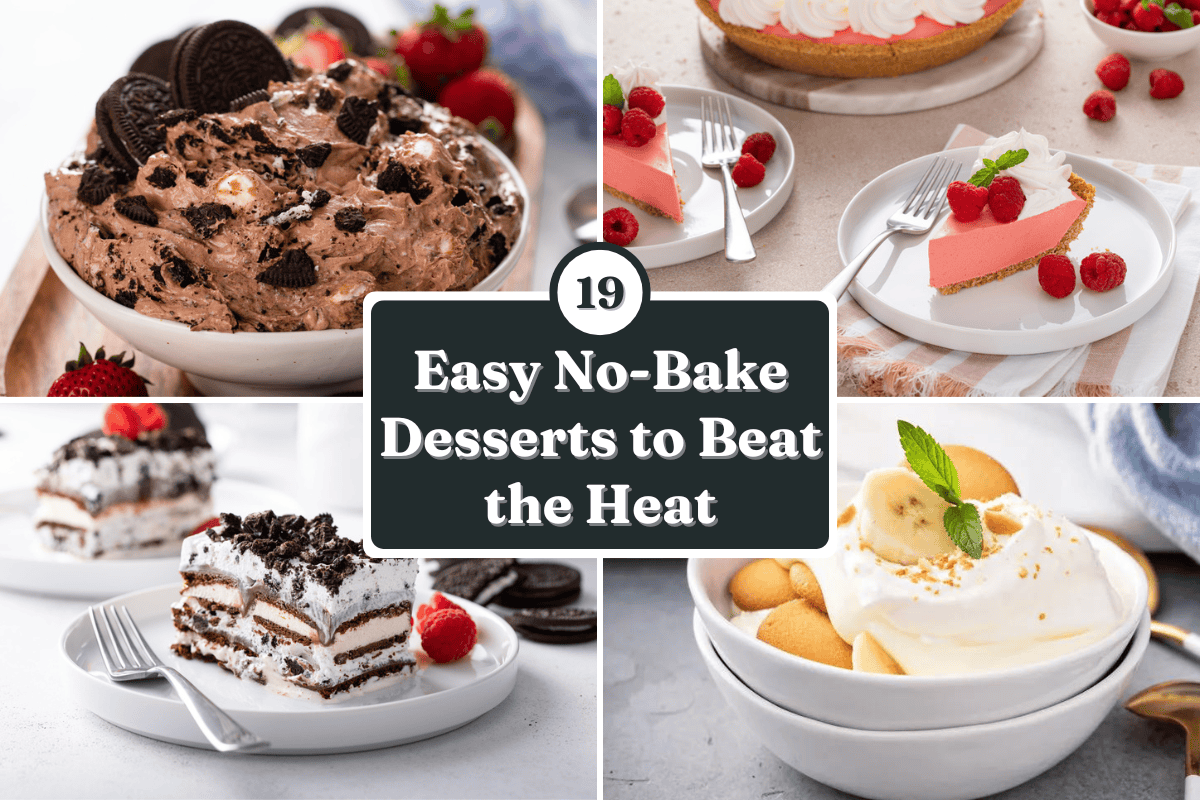 Landscape collage of four no-bake dessert recipe images with overlay text that reads "19 easy no-bake desserts to beat the heat."