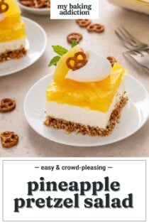 White plate holding a slice of pineapple pretzel salad. Text overlay includes recipe name.